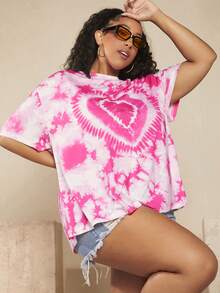 SHEIN CURVE+ Plus Tie Dye Heart Print Drop Shoulder Tee - Pink - View 5