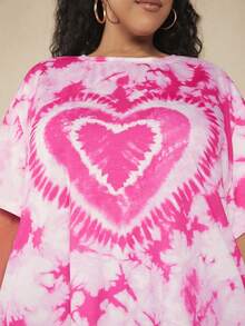 SHEIN CURVE+ Plus Tie Dye Heart Print Drop Shoulder Tee - Pink - View 6