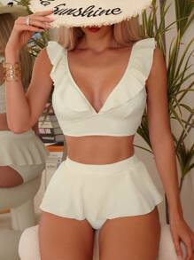 SHEIN Swim Summer Beach Ruffle Trim Bikini Set - Beige - View 1