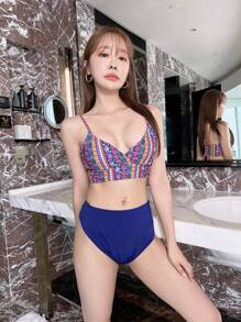 SHEIN Swim Geometric Print Bikini For Summer Beach Vacation - Navy Blue - View 4