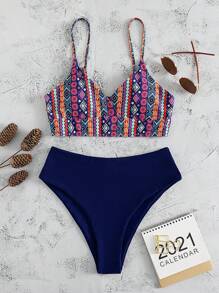 SHEIN Swim Geometric Print Bikini For Summer Beach Vacation - Navy Blue - View 8