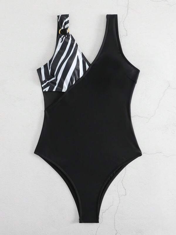 Zebra Stripe Wrap One Piece Swimsuit SHEIN USA