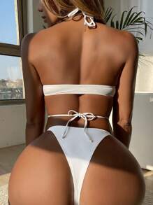 SHEIN Swim 素色比基尼套裝環鏈吊脖文胸和丁字褲下裝2入組泳衣 - 白色 - 查看 2