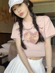 Camiseta crop con estampado de gato y letra - Rosa Pálido - Ver 1