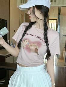 Camiseta crop con estampado de gato y letra - Rosa Pálido - Ver 3