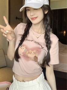 Camiseta crop con estampado de gato y letra - Rosa Pálido - Ver 4