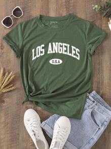 SHEIN LUNE Camiseta con estampado de letra - Verde militar - Ver 1