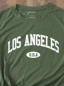 SHEIN LUNE Camiseta con estampado de letra - Verde militar - Ver 5