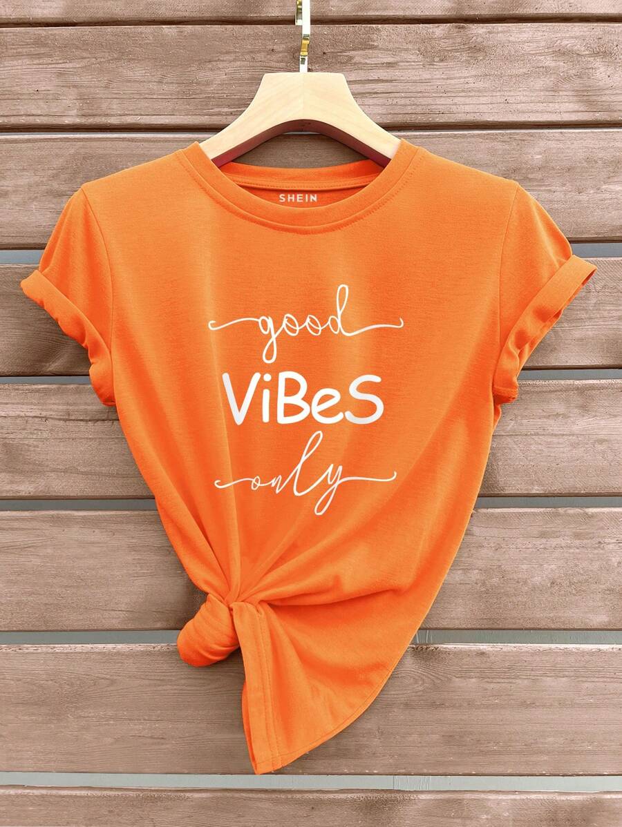 SHEIN LUNE 標語圖案T恤 - 橘色 - 查看 1