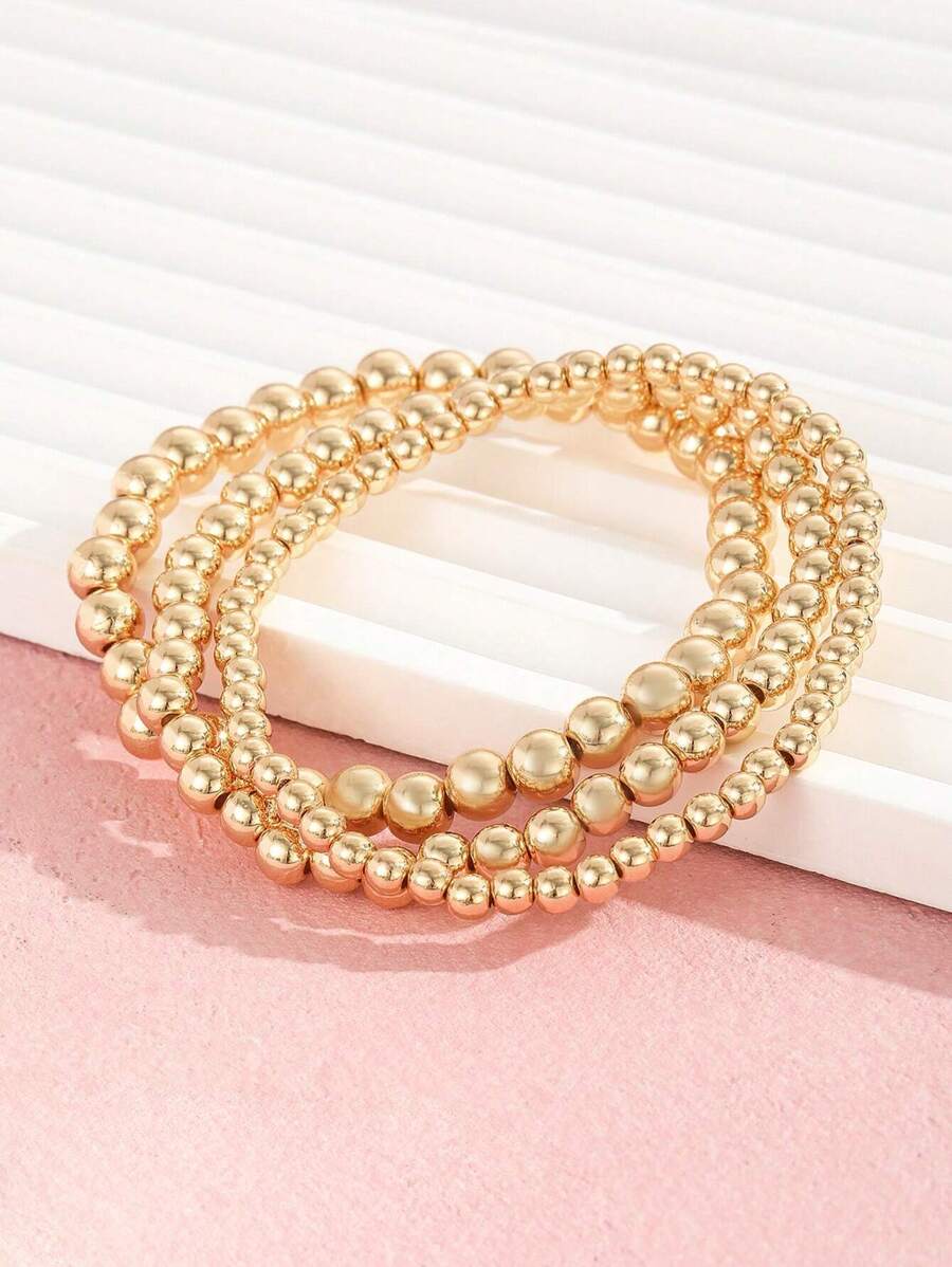 3pcs Girls Minimalist Stretchy Beads Bracelet For Daily Decoration - Yellow Gold - View 1