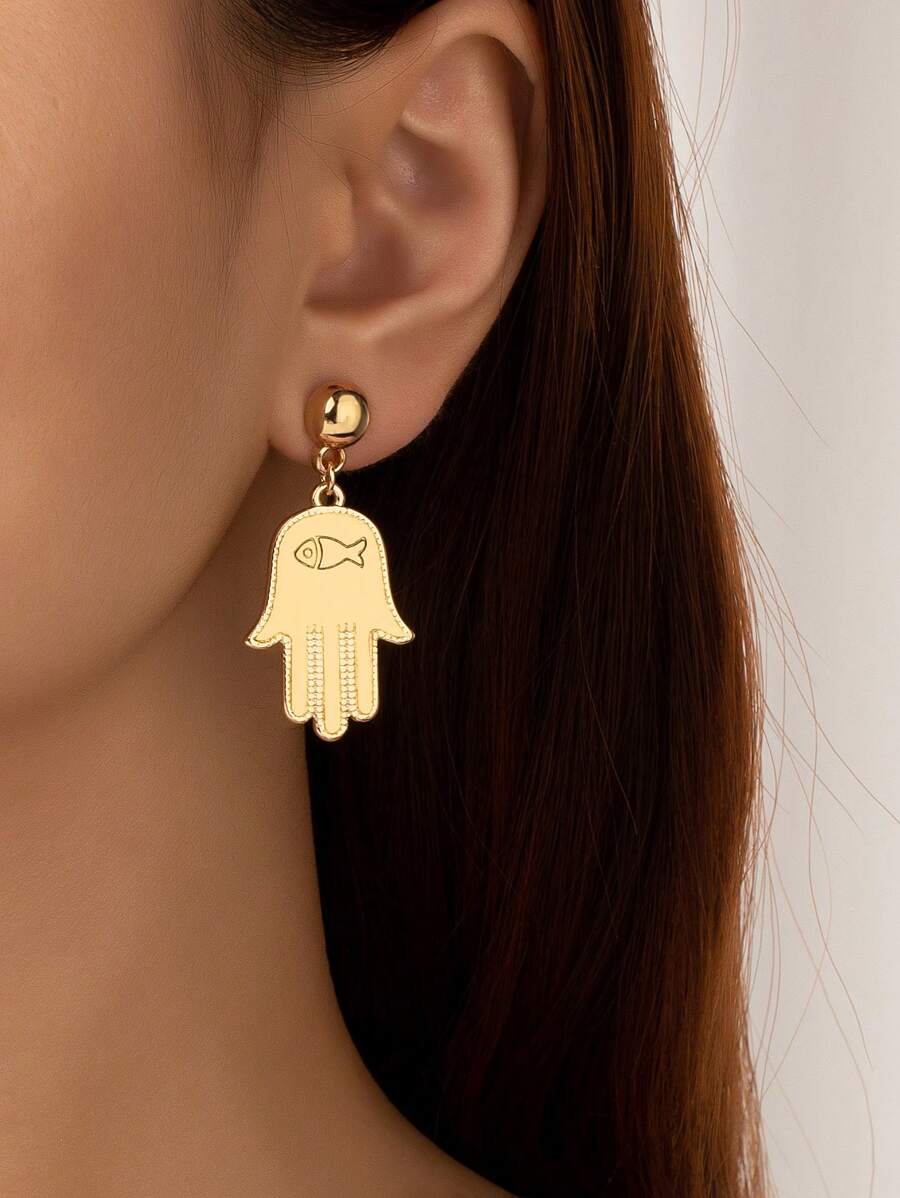 1對創意鋅合金魚紋法蒂瑪之手耳墜適合女士日常裝飾 - 金黃色 - 查看 1