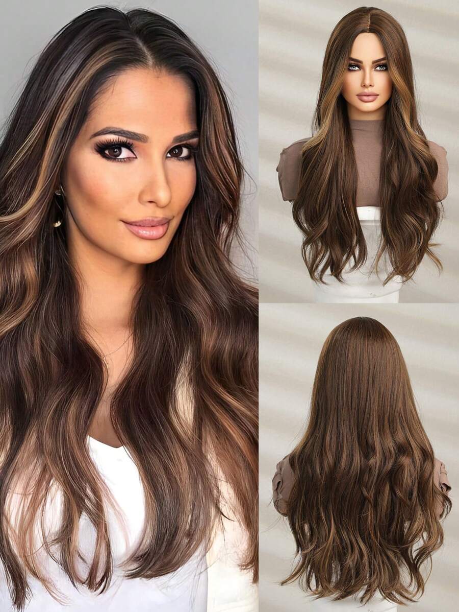 長棕色捲髮女式漸變棕色金色高光假髮中間部分天然合成假髮適合日常聚會 - 間色 - 查看 1