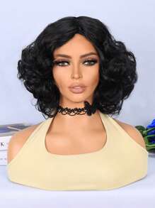 Tóc giả tổng hợp xoăn ngắn đơn giản thời trang hàng ngày giản dị - màu đen - Xem 1