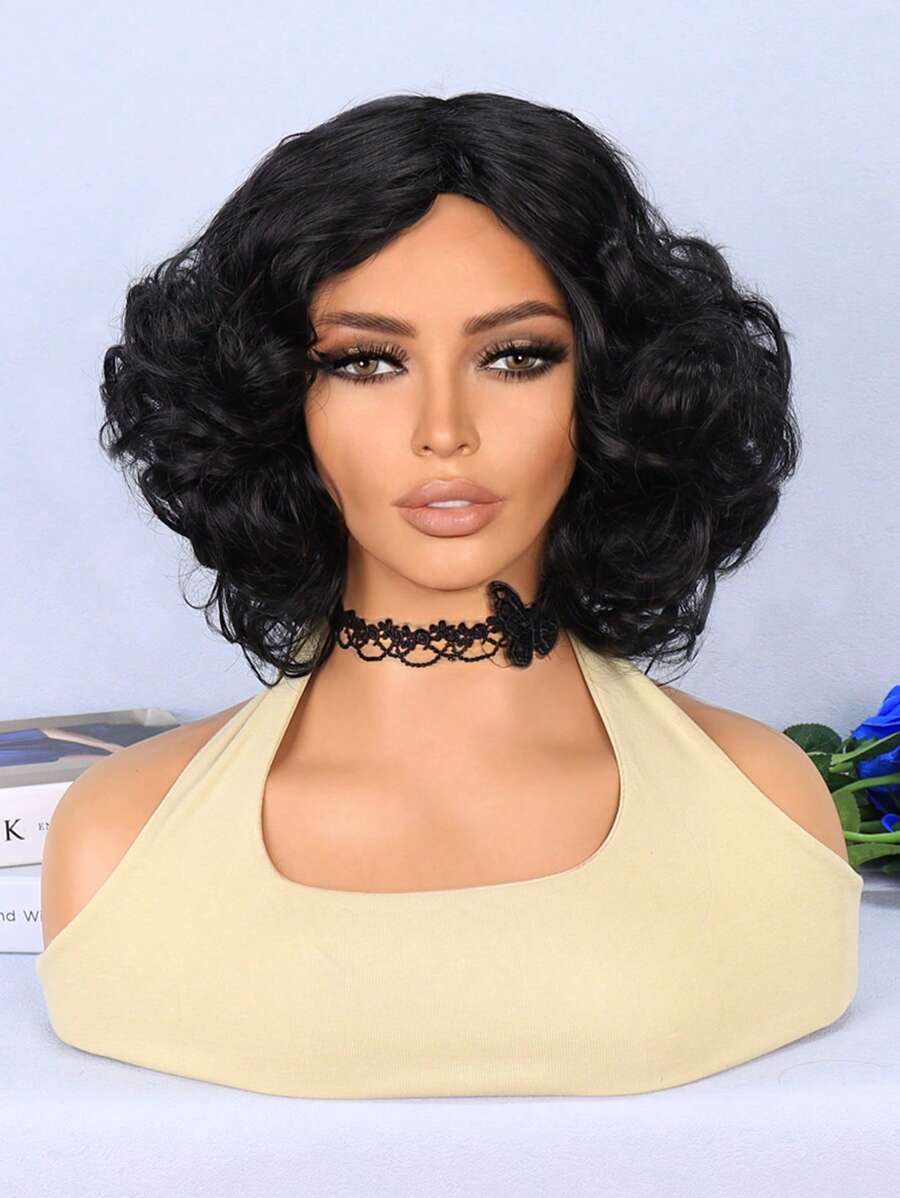 Tóc giả tổng hợp xoăn ngắn đơn giản thời trang hàng ngày giản dị - màu đen - Xem 1