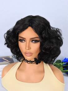 Tóc giả tổng hợp xoăn ngắn đơn giản thời trang hàng ngày giản dị - màu đen - Xem 5