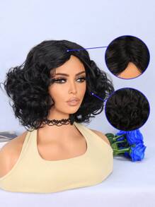 Tóc giả tổng hợp xoăn ngắn đơn giản thời trang hàng ngày giản dị - màu đen - Xem 6