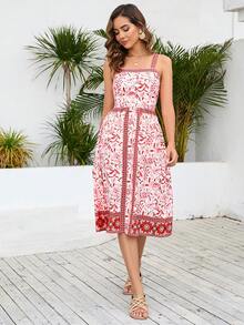 SHEIN VCAY Floral Print Cami Dress Sundress - Red - View 3