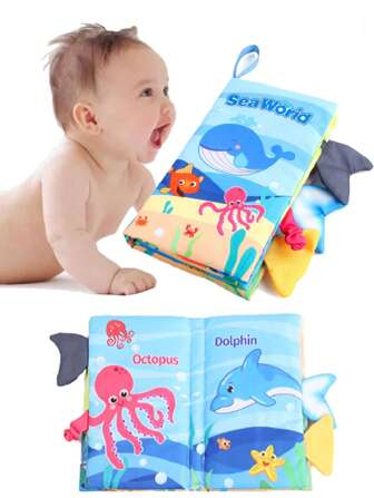 海洋動物布書寶寶早期教育認識閱讀玩具（由於不同的生產批次，布書的內容可能會有所不同），適用於學校、學生、文具、學用品