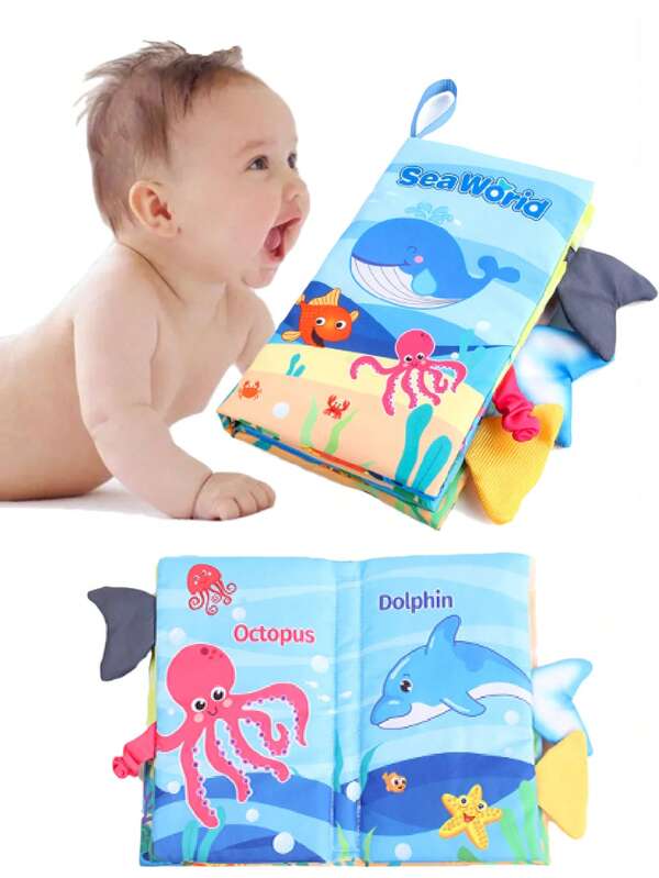 海洋動物布書寶寶早期教育認識閱讀玩具（由於不同的生產批次，布書的內容可能會有所不同），適用於學校、學生、文具、學用品