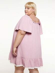 SHEIN CURVE+ 大碼褶邊荷葉邊睡裙 - 淺粉色 - 查看 4