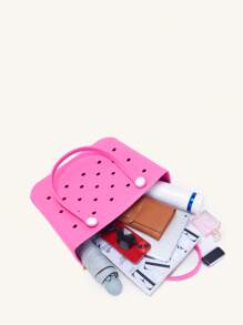 素色防水沙灘包,便攜手提包適用於戶外運動,耐用戶外露營包適用於全部你收納需要,購物籃子幾何格紋衍縫手機包,女士迷你斜挎包,時尚PU皮革拉鍊錢包 - 玫紅色 - 查看 7