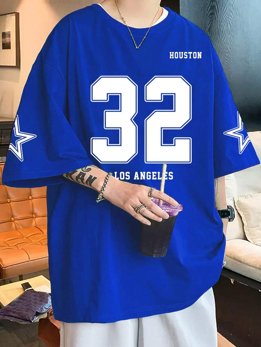 Aesthetic Post--Loose Men Letter Graphic Drop Shoulder T-Shirt - Blue - View 1