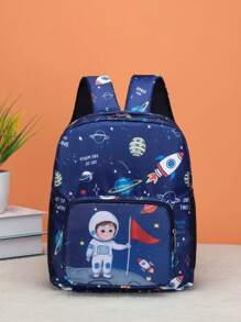 Boys Planet & Figure Graphic Zipper Adjustable-strap Functional Backpack - Navy Blue - View 1