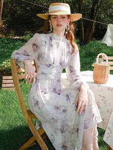 印花燈籠袖連衣裙 - 白色 - 查看 3