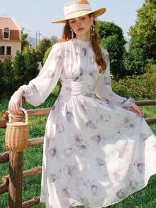 印花燈籠袖連衣裙 - 白色 - 查看 4