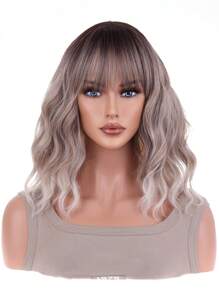 Tóc Giả Tổng Hợp Xoăn Ngắn Có Bangs - Màu Xám nhạt - Xem 1