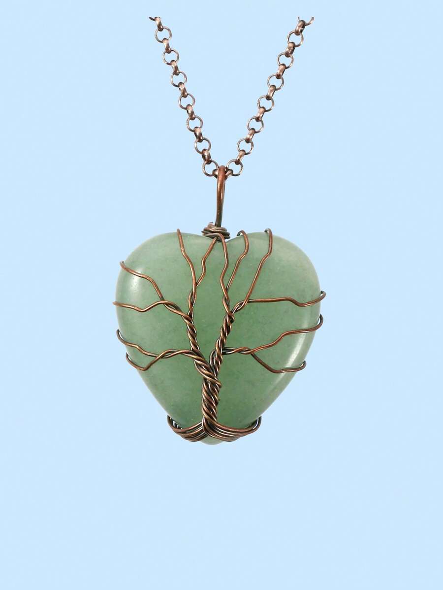 1pc Vintage Copper Color Heart Shaped Green Stone Wire Wrapped Tree Pendant Necklace For Women, Valentine's Day/Friendship Gift (Color Random) - Multicolor - View 1