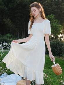 Solid Puff Sleeve Ruffle Hem Dress Cottagecore Dress - Beige - View 4