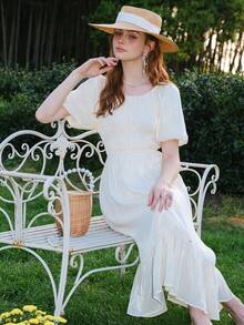 Solid Puff Sleeve Ruffle Hem Dress Cottagecore Dress - Beige - View 7