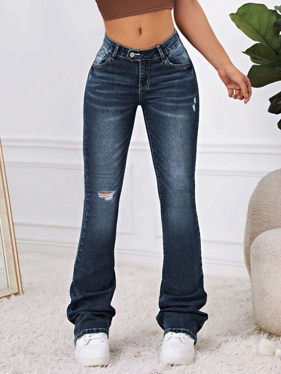 SHEIN EZwear Quần jean nữ Túi Dây kéo Bị tách màu trơn - Rửa tối - Xem 1