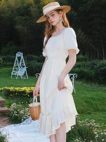 Solid Puff Sleeve Ruffle Hem Dress Cottagecore Dress - Beige - View 8