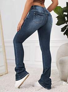 SHEIN EZwear Quần jean nữ Túi Dây kéo Bị tách màu trơn - Rửa tối - Xem 2