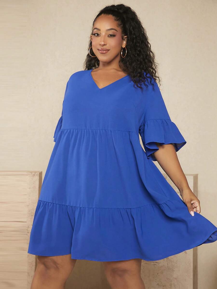 SHEIN CURVE+ Đầm Plus Size Xù Viên lá sen màu trơn Dễ thương - Xanh đậm - Xem 1