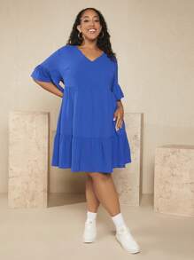 SHEIN CURVE+ Đầm Plus Size Xù Viên lá sen màu trơn Dễ thương - Xanh đậm - Xem 4