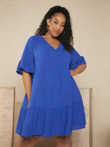 SHEIN CURVE+ Đầm Plus Size Xù Viên lá sen màu trơn Dễ thương - Xanh đậm - Xem 6