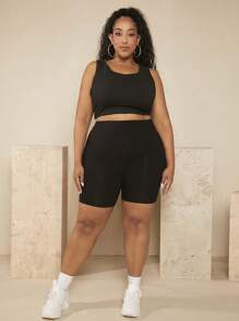 SHEIN CURVE+ Plus Solid High Waist Cycling Shorts - Black - View 6