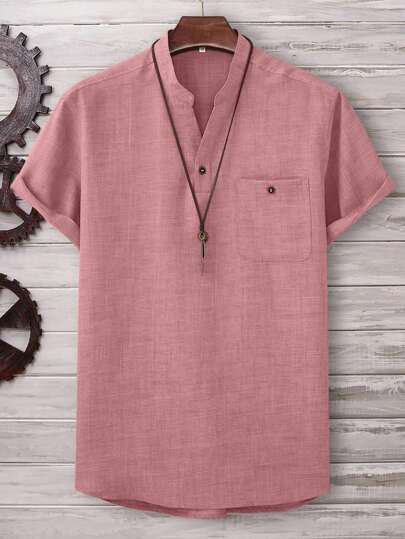 Manfinity Homme Loose Fit Men's Solid Color Shirt With Pocket And Notched Neckline (Necklace Not Included)
