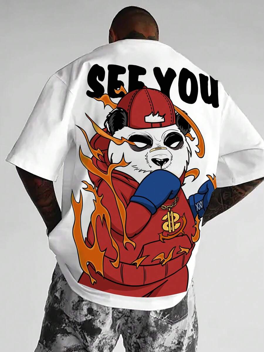 Manfinity Roghcode 宽松卡通图案落肩男式 T 恤 - 白色 - 查看 1