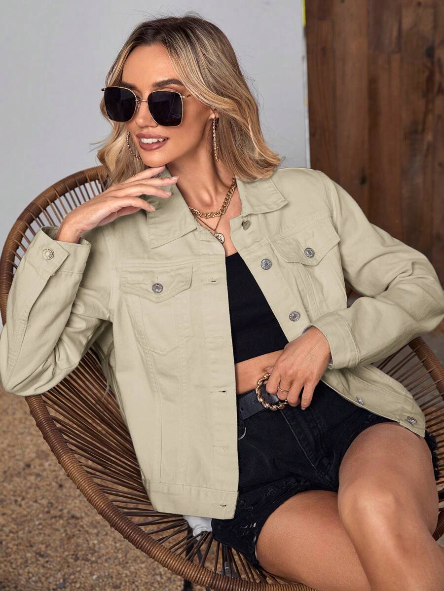 SHEIN Frenchy Áo khoác & áo khoác denim nữ Túi Nút phía trước màu trơn Giải trí - Màu Khaki - Xem 1