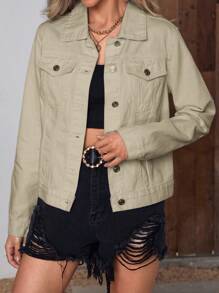 SHEIN Frenchy Áo khoác & áo khoác denim nữ Túi Nút phía trước màu trơn Giải trí - Màu Khaki - Xem 3