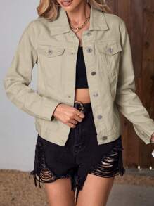 SHEIN Frenchy Áo khoác & áo khoác denim nữ Túi Nút phía trước màu trơn Giải trí - Màu Khaki - Xem 4