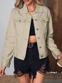 SHEIN Frenchy Áo khoác & áo khoác denim nữ Túi Nút phía trước màu trơn Giải trí - Màu Khaki - Xem 5
