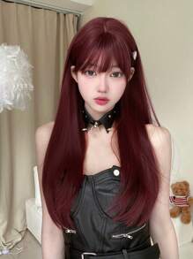 alicegarden 1 Piece Synthetic Heat-Resistant ,Straight Hair Wigs Red ,With Bangs, 24 Inches Long,Fully Machine Woven Daily Natural Realistic Wig (Excluding Accessories)