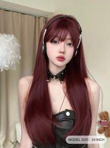 alicegarden 1 Piece Synthetic Heat-Resistant ,Straight Hair Wigs Red ,With Bangs, 24 Inches Long,Fully Machine Woven Daily Natural Realistic Wig (Excluding Accessories)