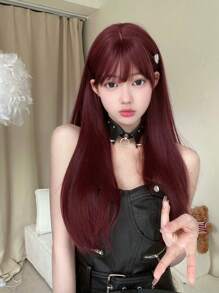 alicegarden 1 Piece Synthetic Heat-Resistant ,Straight Hair Wigs Red ,With Bangs, 24 Inches Long,Fully Machine Woven Daily Natural Realistic Wig (Excluding Accessories)