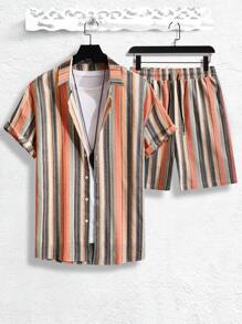 Manfinity RSRT Men Cotton Striped Shirt & Drawstring Waist Shorts Without Tee , Linen , Vacation , Colorful , Boyfriend Gift , Casual